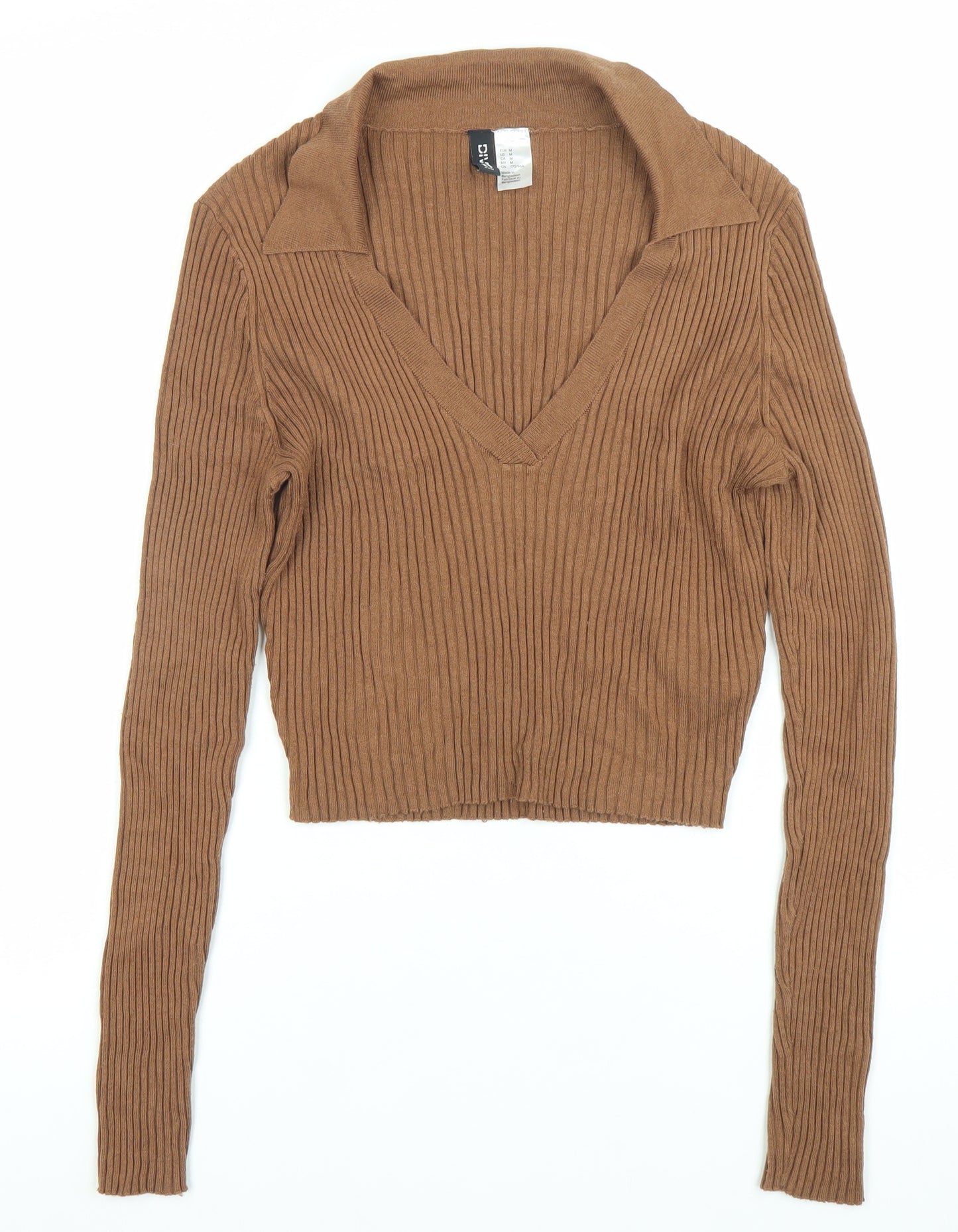 H&M Divided Womens Brown Cropped Knit Collared Blouse Size M