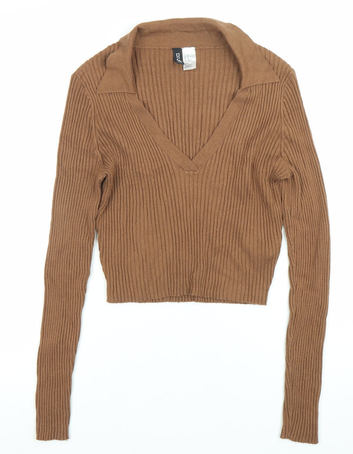 H&M Divided Womens Brown Cropped Knit Collared Blouse Size M
