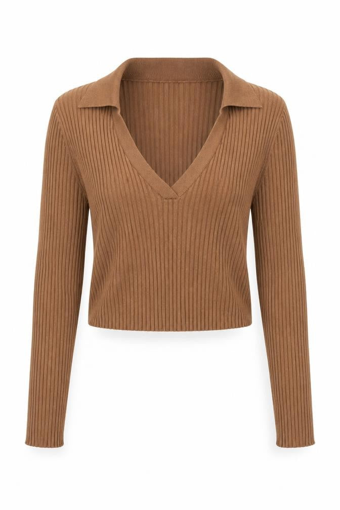 Front view of H&M Divided women’s brown cropped knit collared blouse, size M