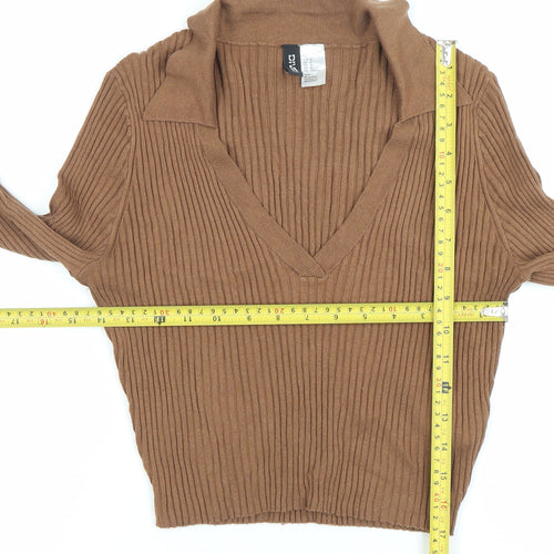 H&M Divided Womens Brown Cropped Knit Collared Blouse Size M