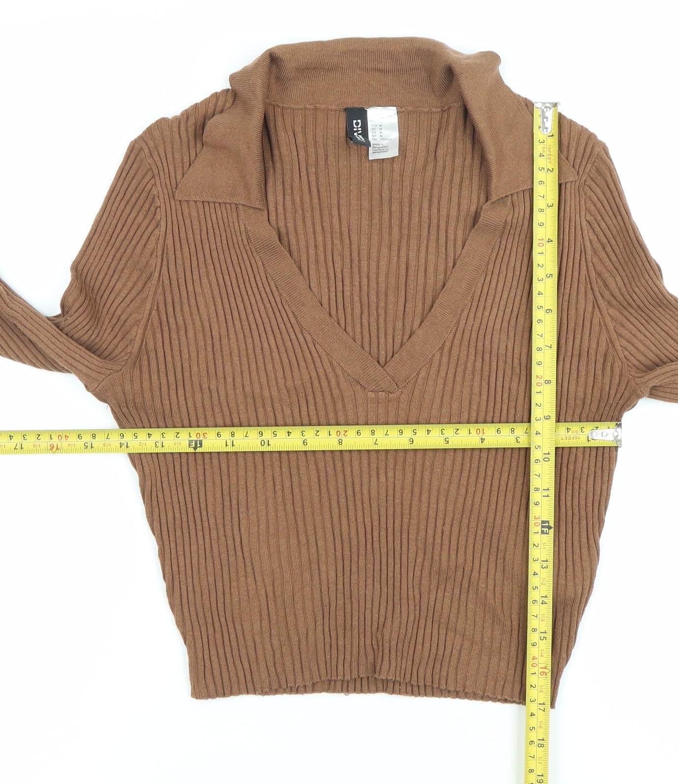 H&M Divided Womens Brown Cropped Knit Collared Blouse Size M