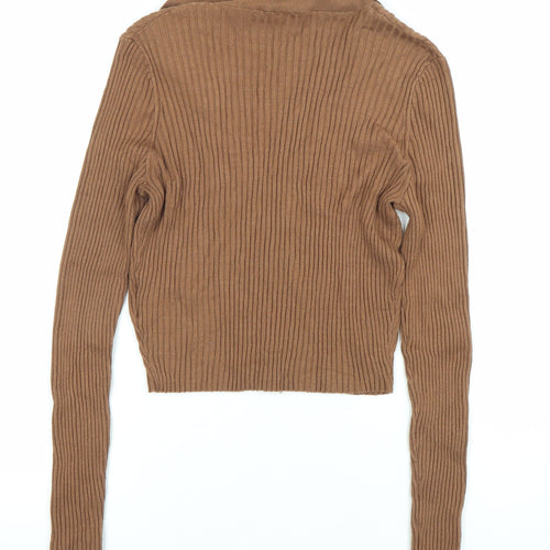 H&M Divided Womens Brown Cropped Knit Collared Blouse Size M