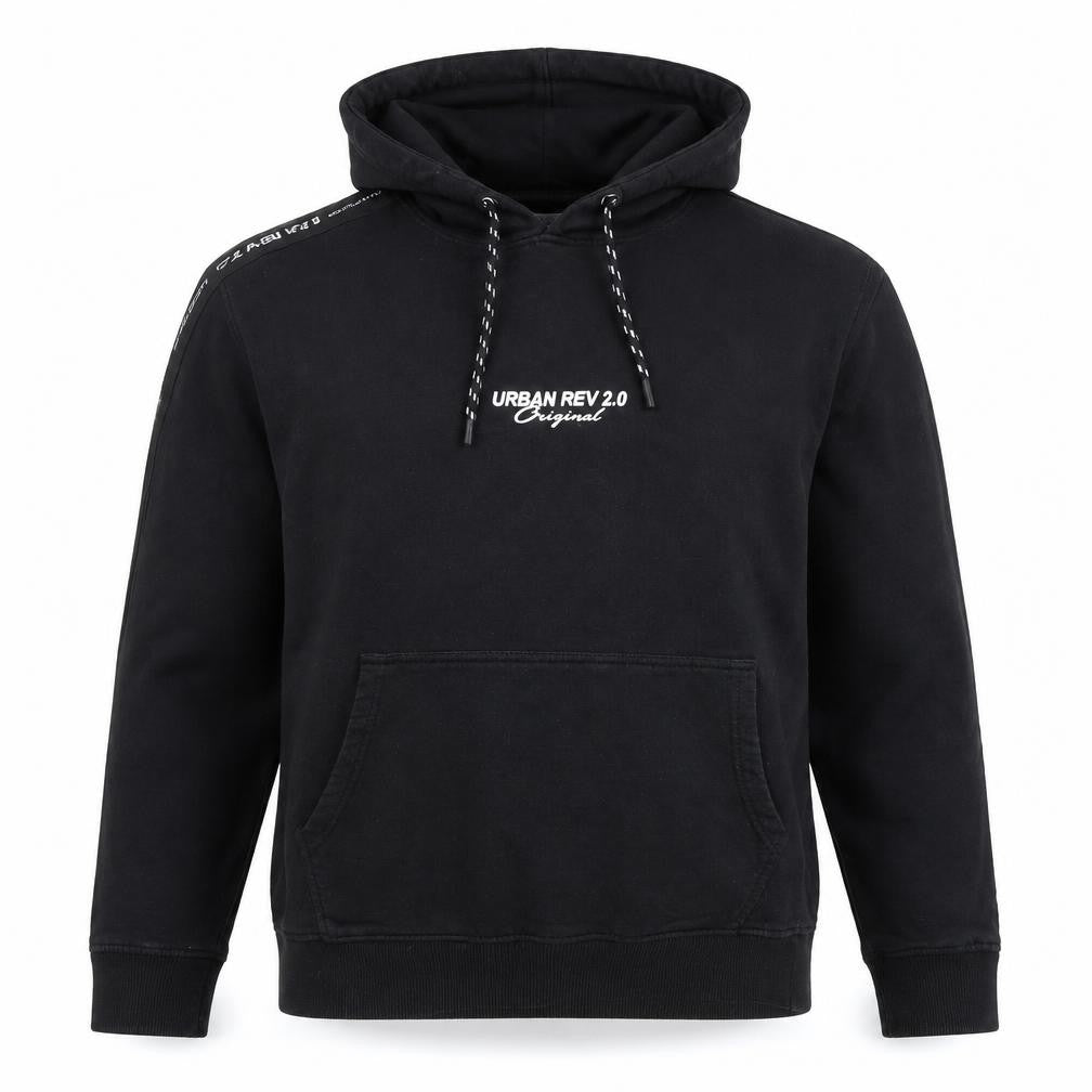 Front view of Reo Men’s Black Pullover Hoodie Medium Urban Graphic Logo