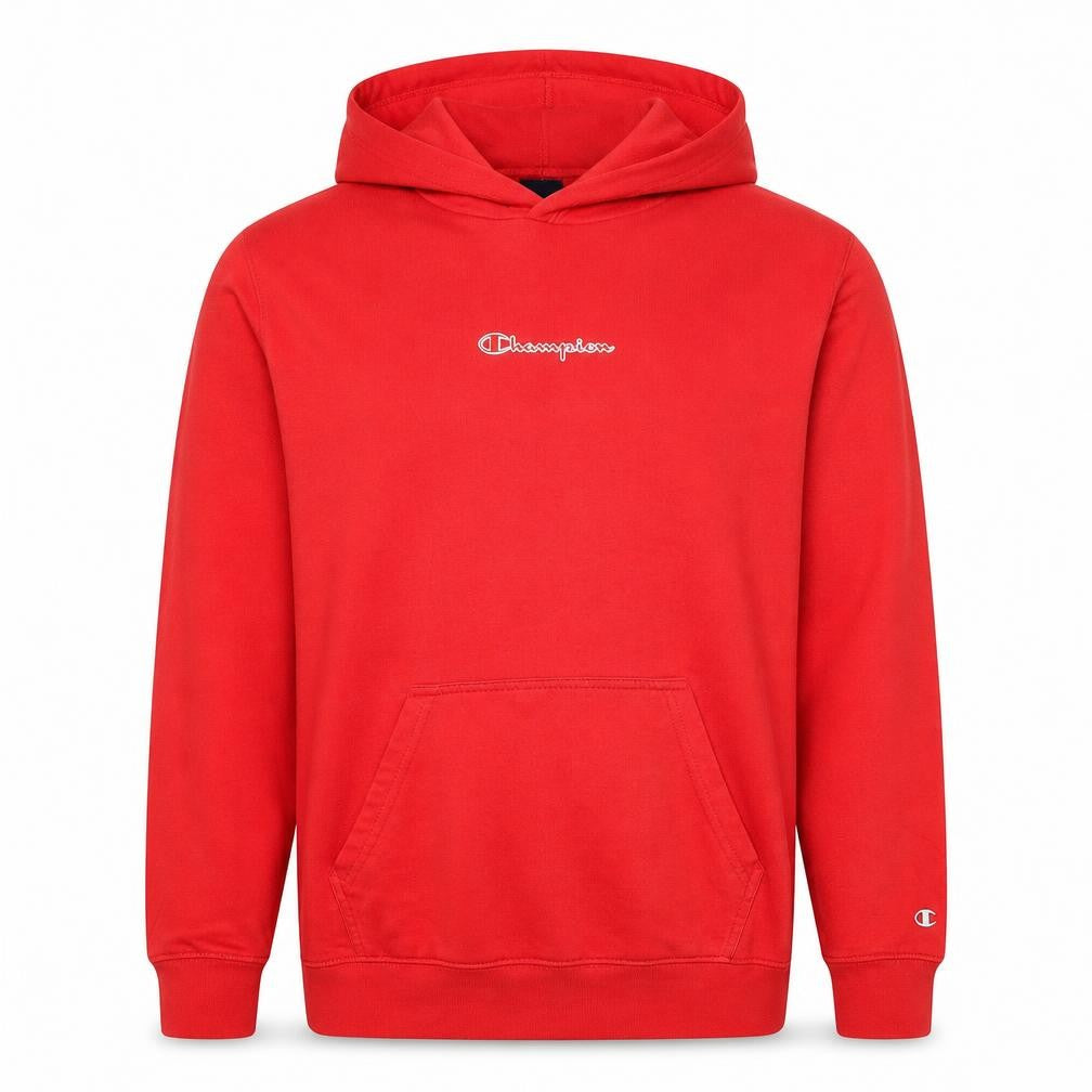 Front view of Champion Men’s Red Pullover Hoodie, size L, Logo Sweatshirt