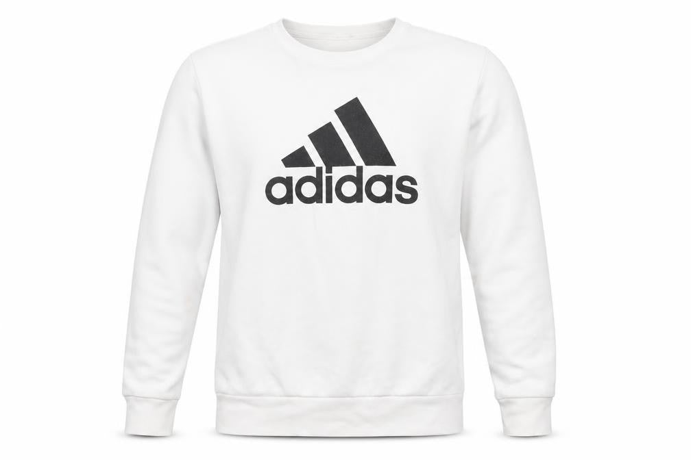 Front view of Adidas men’s white 7xl pullover sweatshirt crew neck logo golf