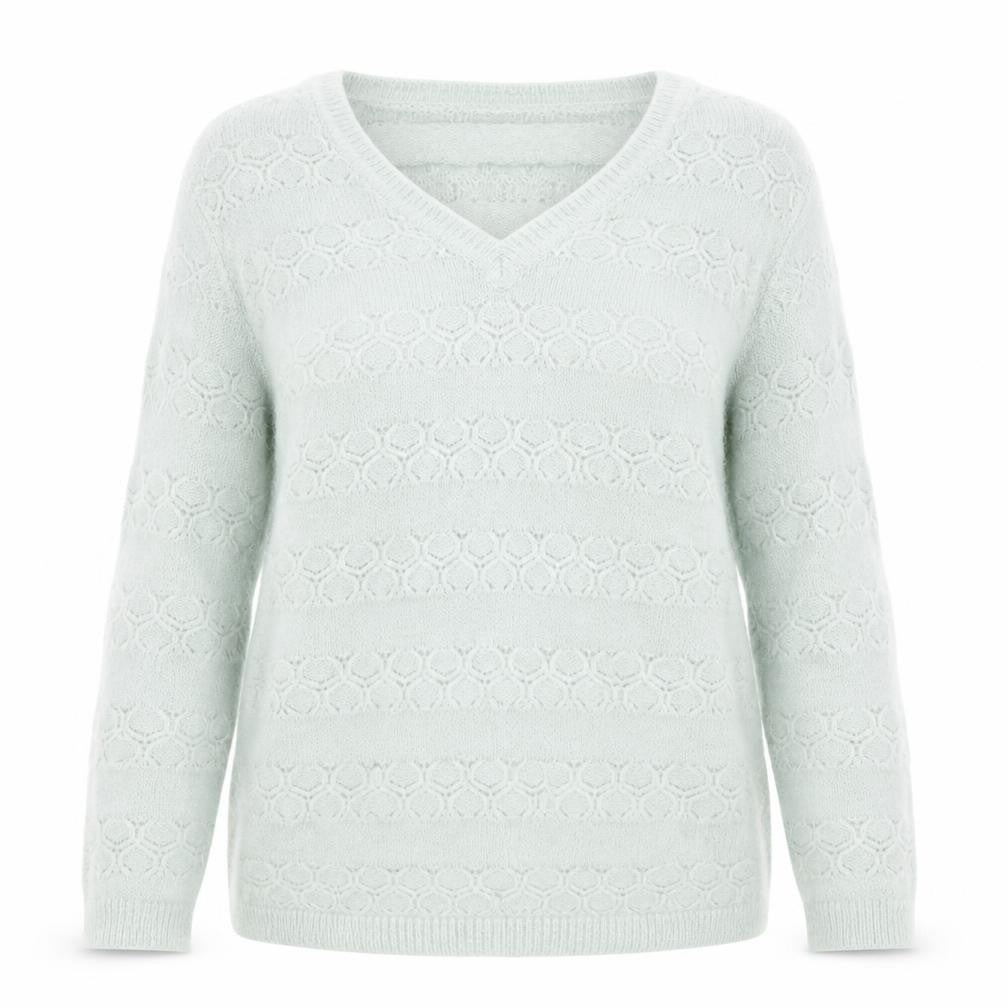 Front view of Damart women’s green v-neck knit jumper, size M
