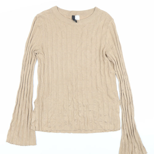 H&M Women Beige Knit Long Sleeve Crew Neck Blouse Size 12