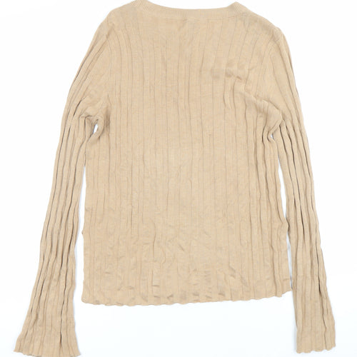 H&M Women Beige Knit Long Sleeve Crew Neck Blouse Size 12
