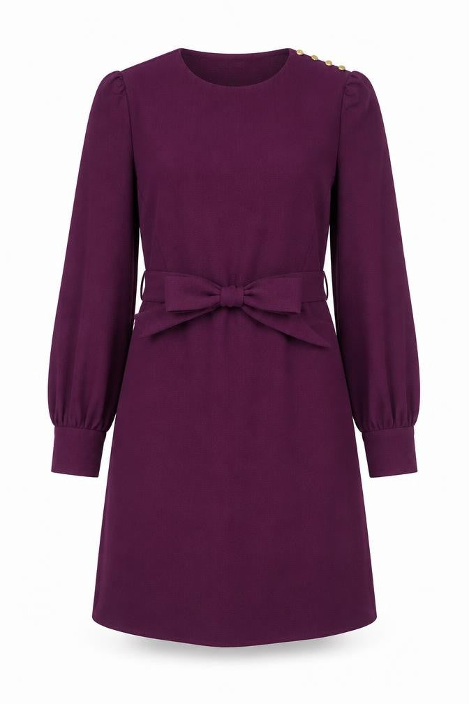 Next Women Purple Shift Dress Size 8 Long Sleeve Bow Detail