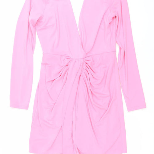 Zara Women’s Pink Wrap Dress Size 12 Long Sleeve V-Neck Party