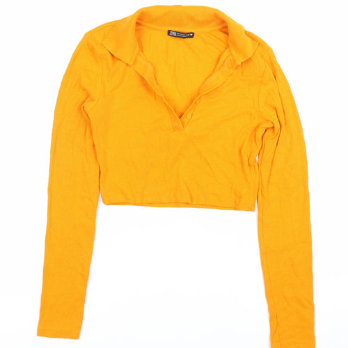 Zara Women Orange Cropped Collared Button-Up Top Long Sleeve S