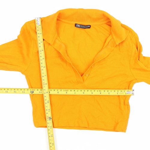 Zara Women Orange Cropped Collared Button-Up Top Long Sleeve S
