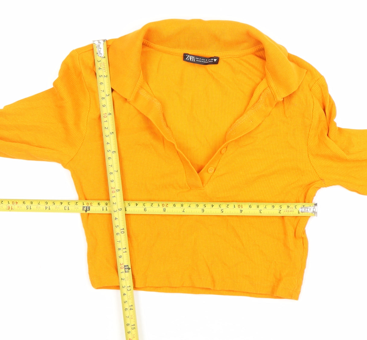Zara Women Orange Cropped Collared Button-Up Top Long Sleeve S