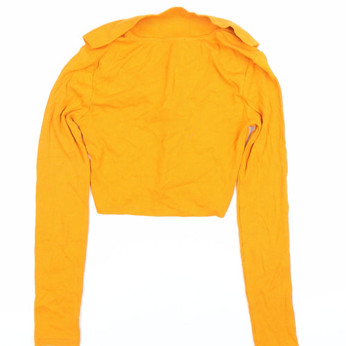 Zara Women Orange Cropped Collared Button-Up Top Long Sleeve S