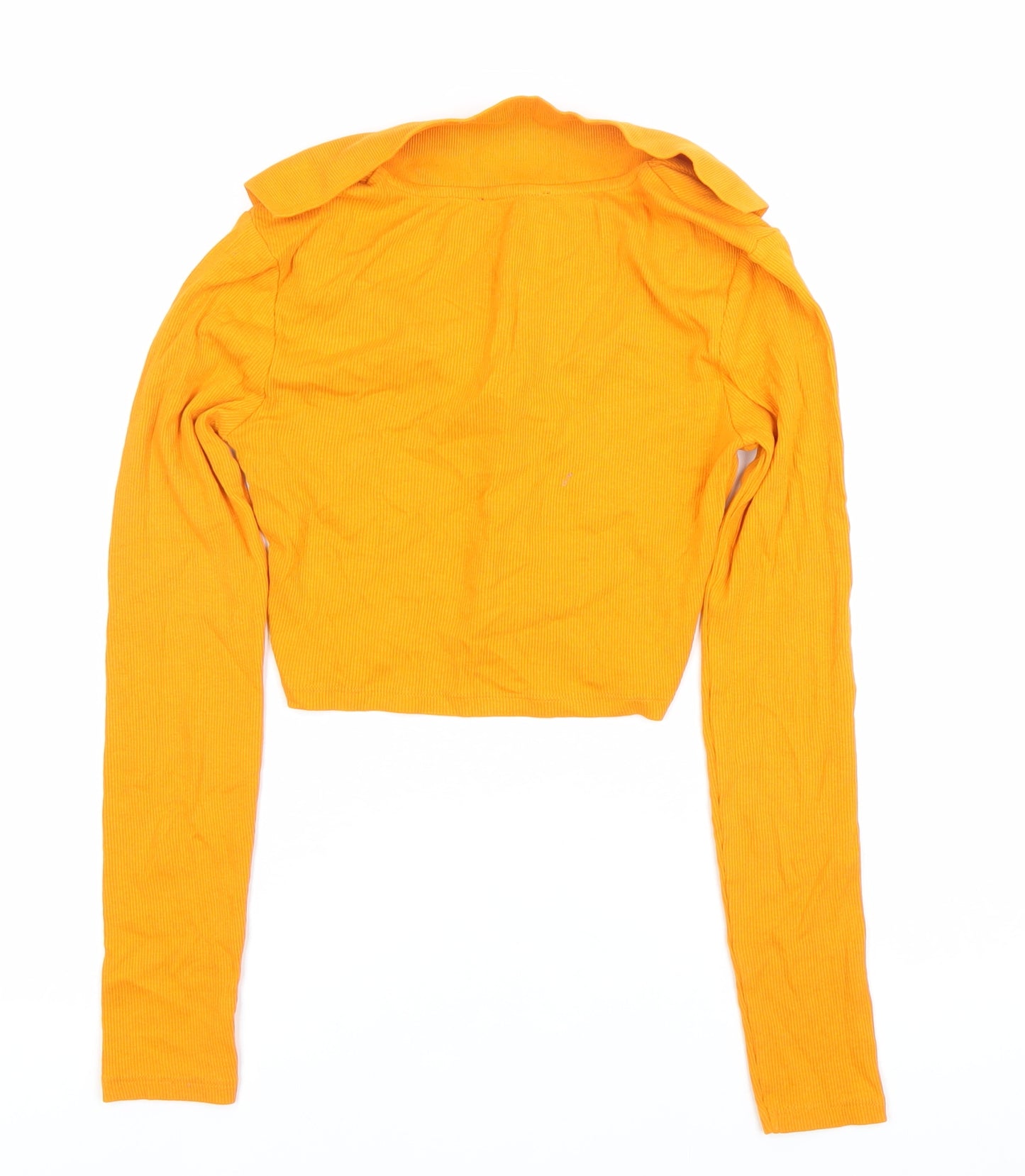 Zara Women Orange Cropped Collared Button-Up Top Long Sleeve S