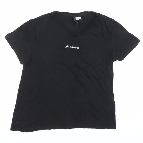 H&M Women’s Black XS Embroidered Je T’adore Casual T-Shirt