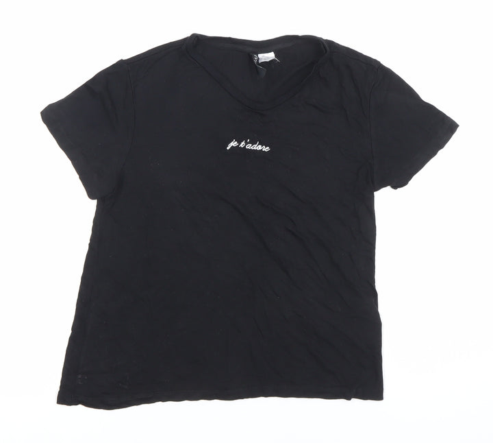 H&M Women’s Black XS Embroidered Je T’adore Casual T-Shirt