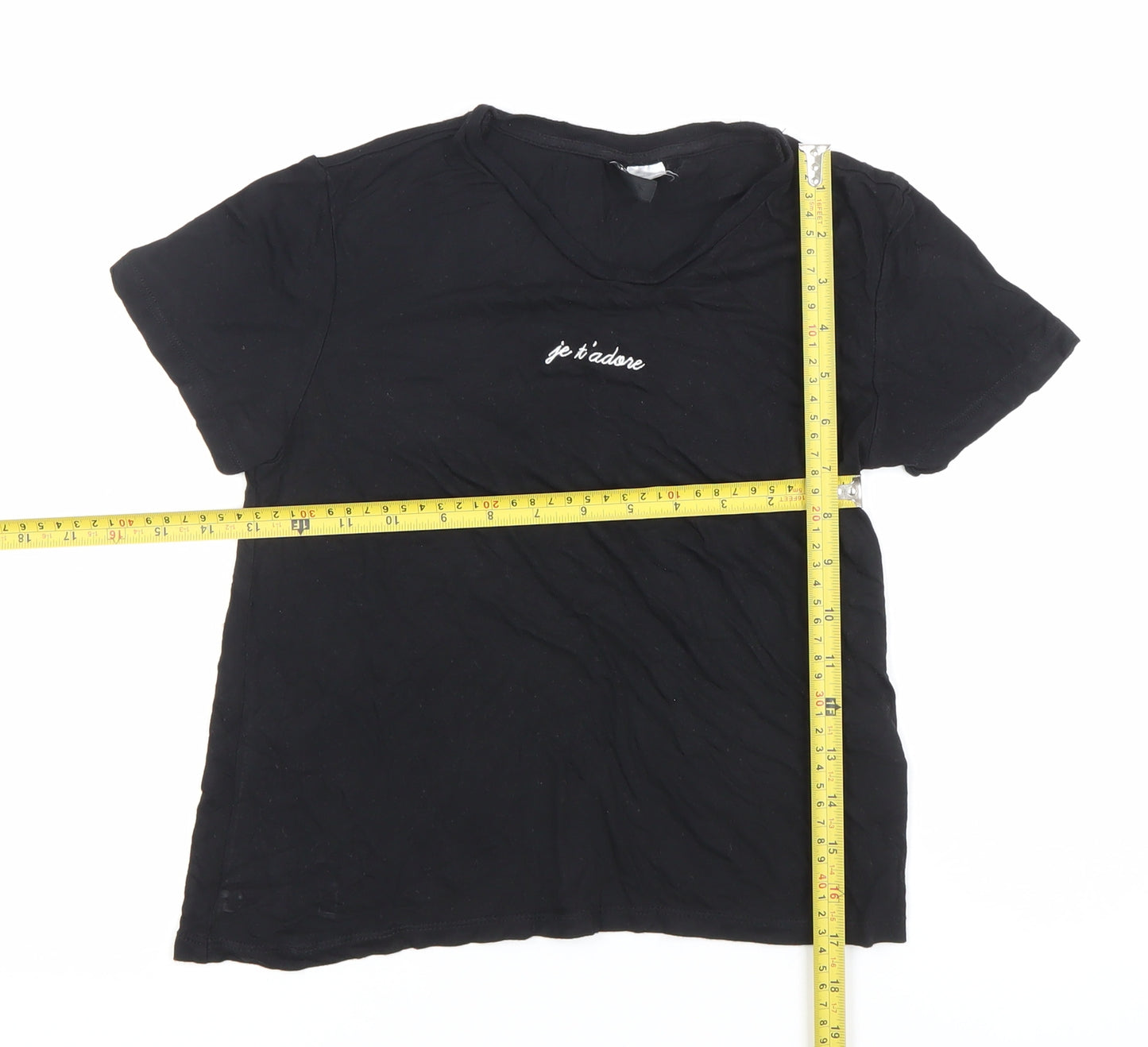 H&M Women’s Black XS Embroidered Je T’adore Casual T-Shirt