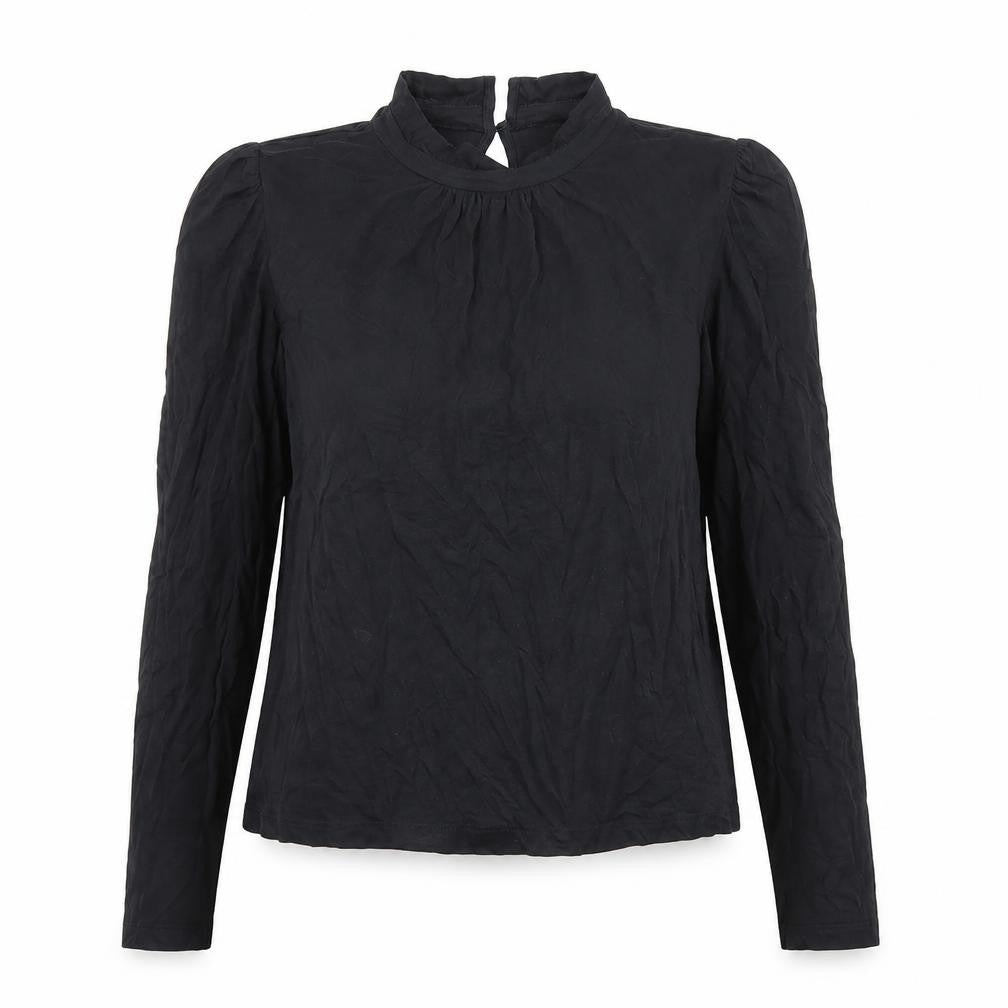 Front view of Mango women’s black cotton long sleeve mock neck blouse m