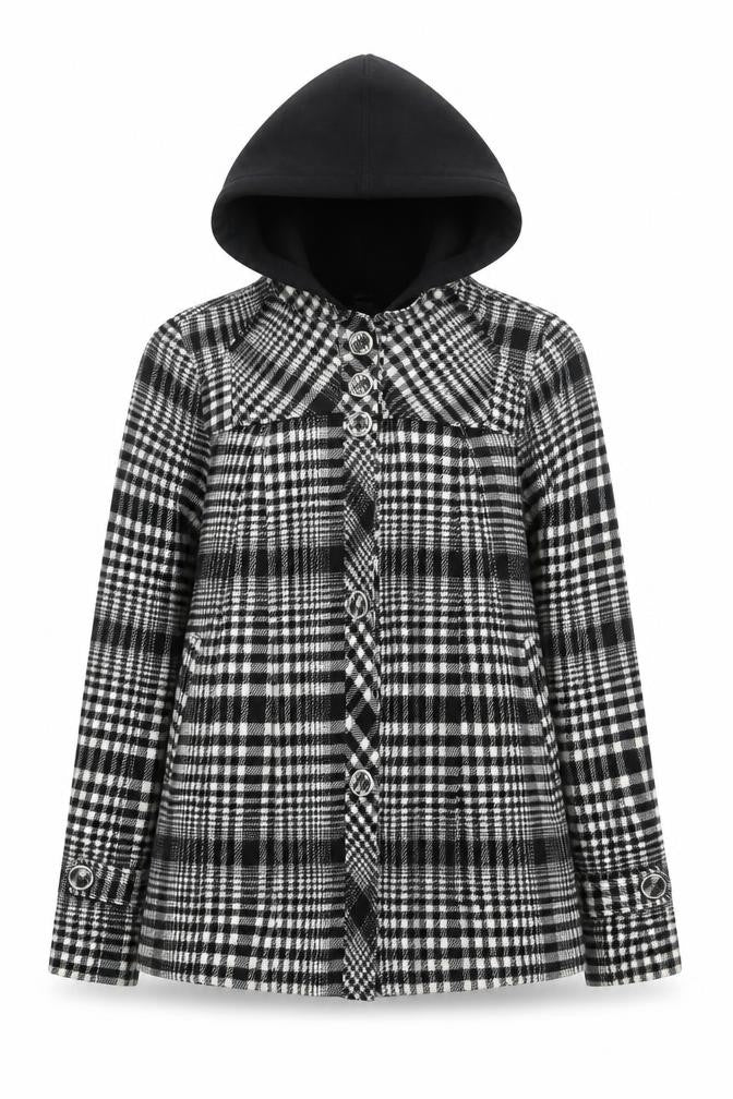 Front view of Vans women’s black plaid hooded mid-length jacket, size M