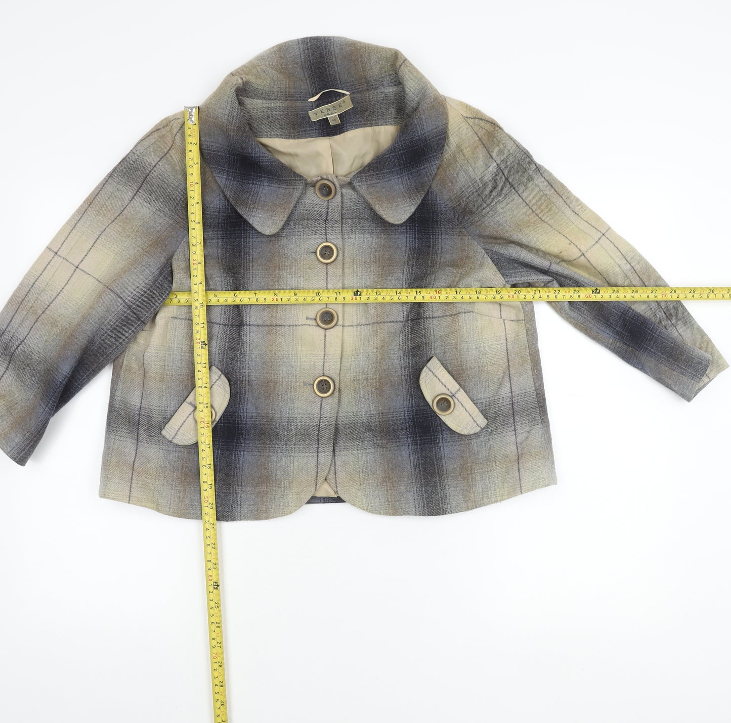 Verse Women’s Multicoloured Wool Blend Plaid Four-Button Blazer Size 12