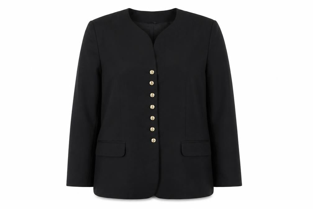 Front view of Mike Benet women’s black blazer, size UK 18, tailored eight-button jacket