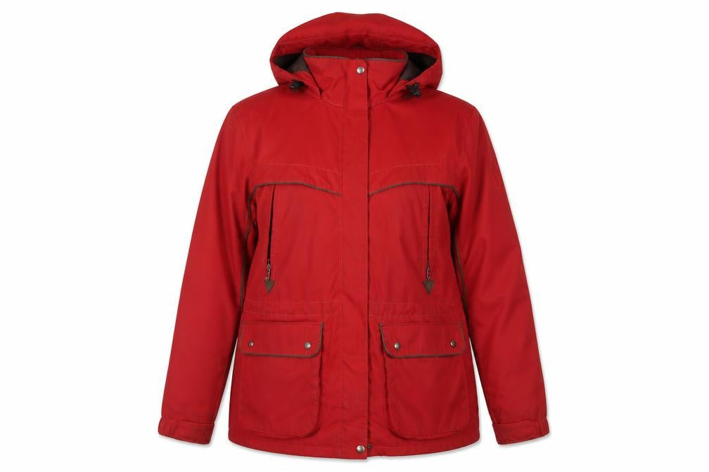 Front view of Aigle women’s red parka jacket coat m hooded full zip pockets