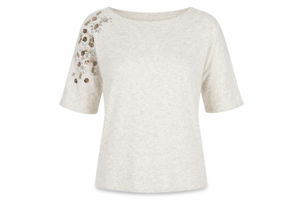 Archeologie Women’s Beige Beaded Boat Neck Knit T-Shirt Size M