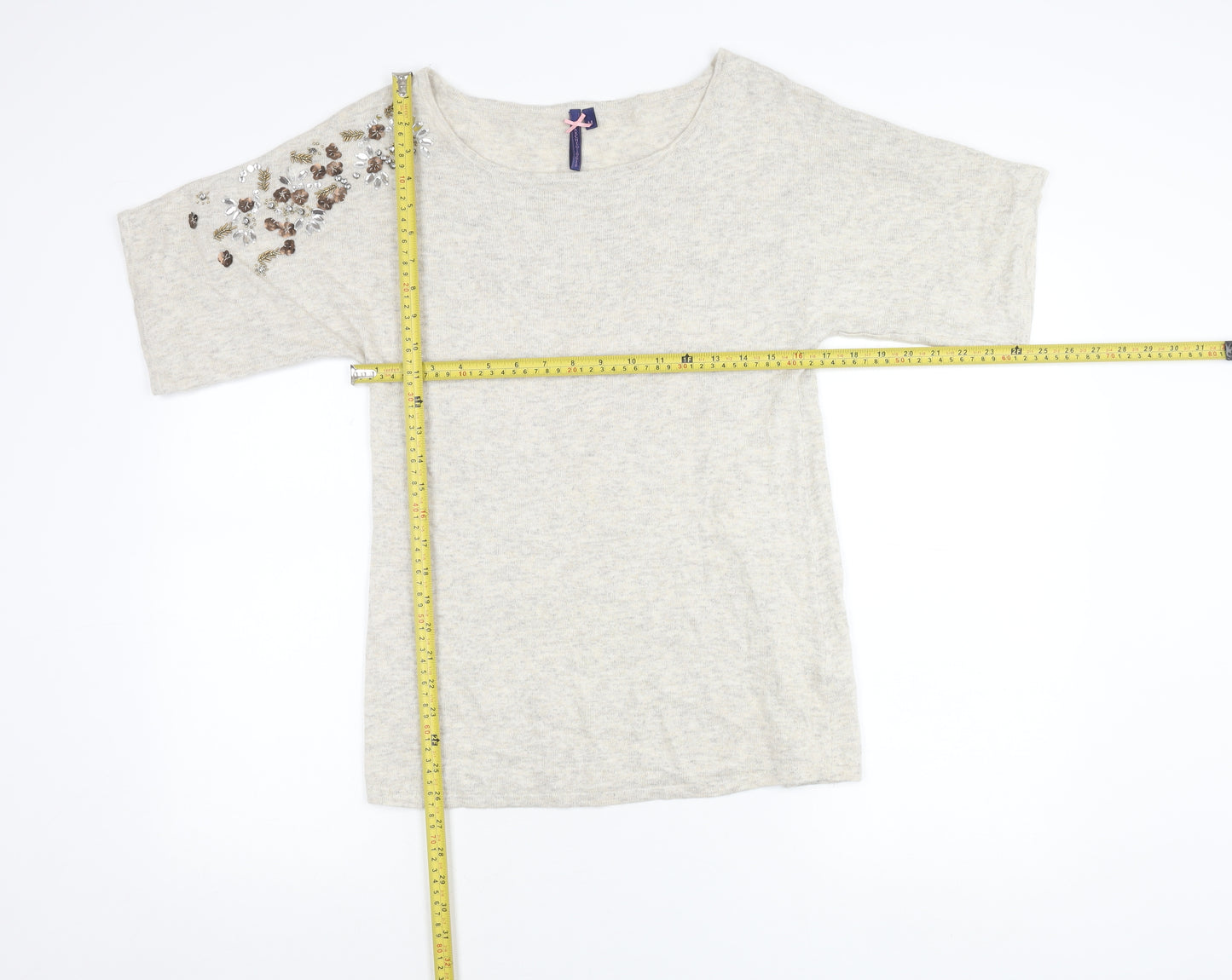 Archeologie Women’s Beige Beaded Boat Neck Knit T-Shirt Size M