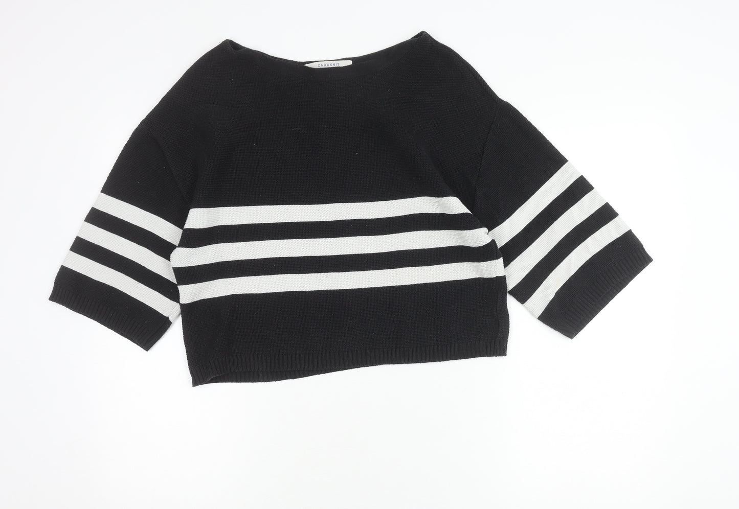 Zara Women Black Striped Boat Neck Knit Jumper Size L