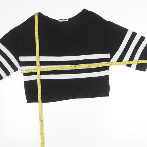 Zara Women Black Striped Boat Neck Knit Jumper Size L
