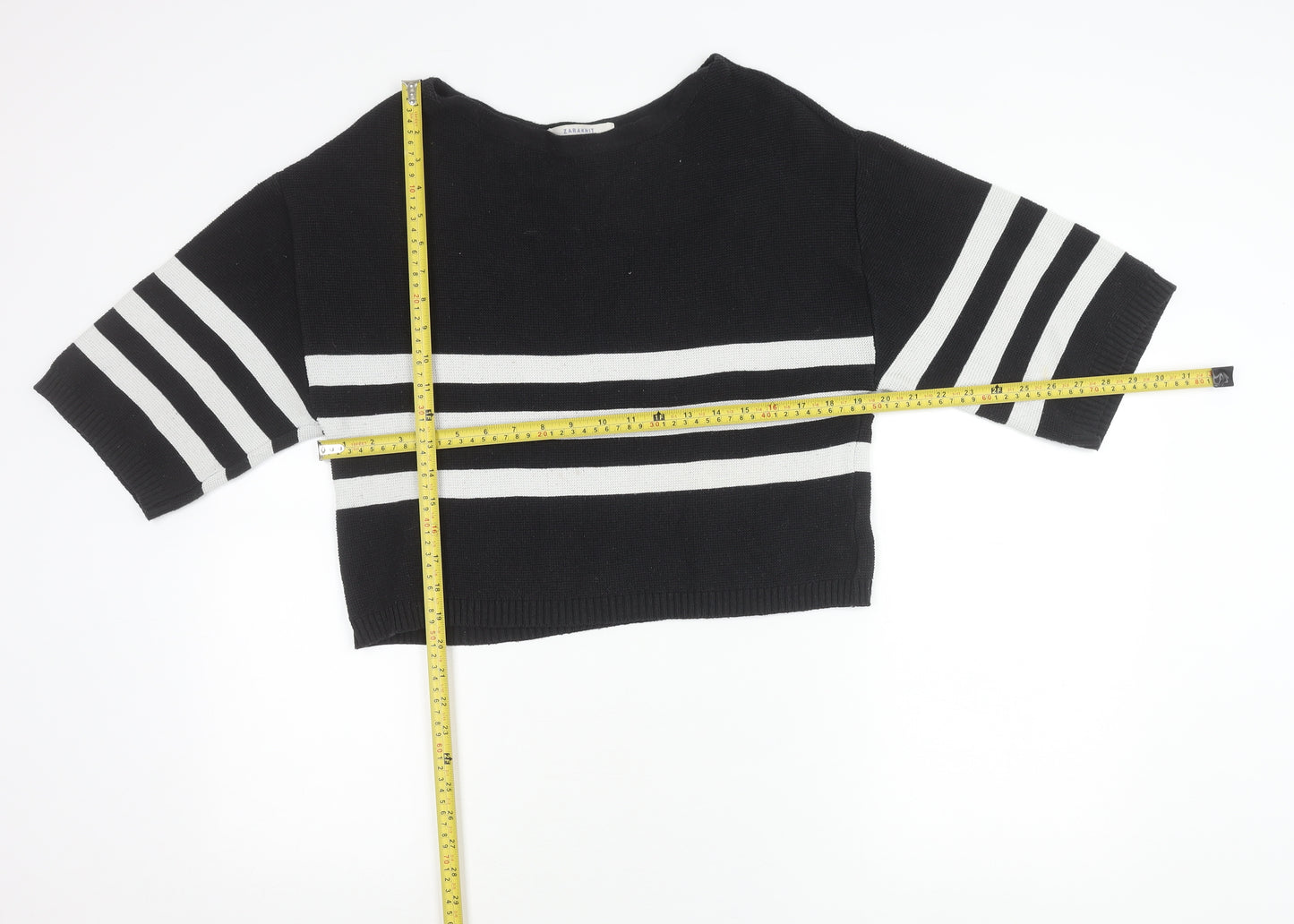 Zara Women Black Striped Boat Neck Knit Jumper Size L
