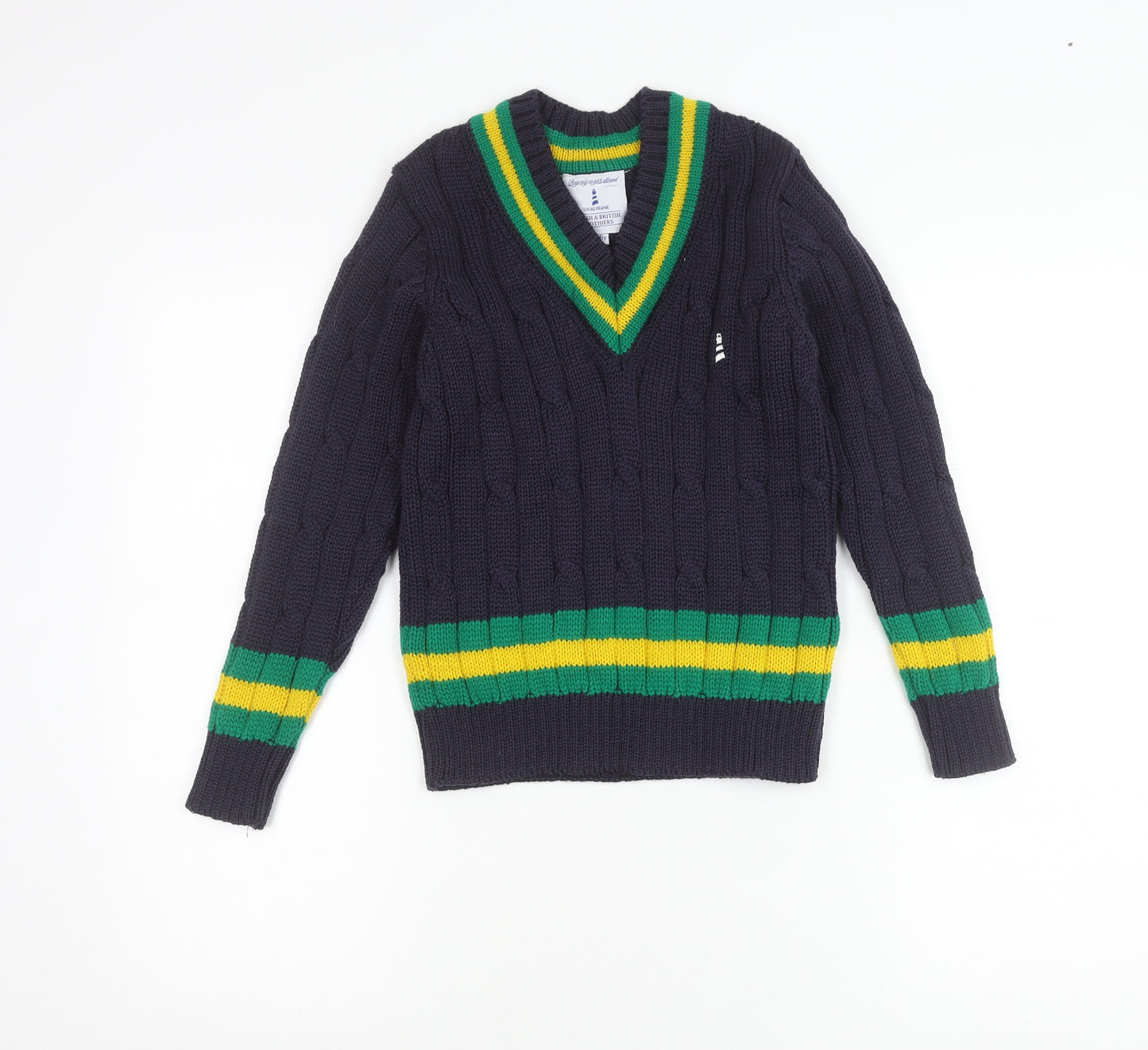 Lucas Frank Boys Blue Green Yellow Wool V-Neck Cable Knit Jumper 5-6Y