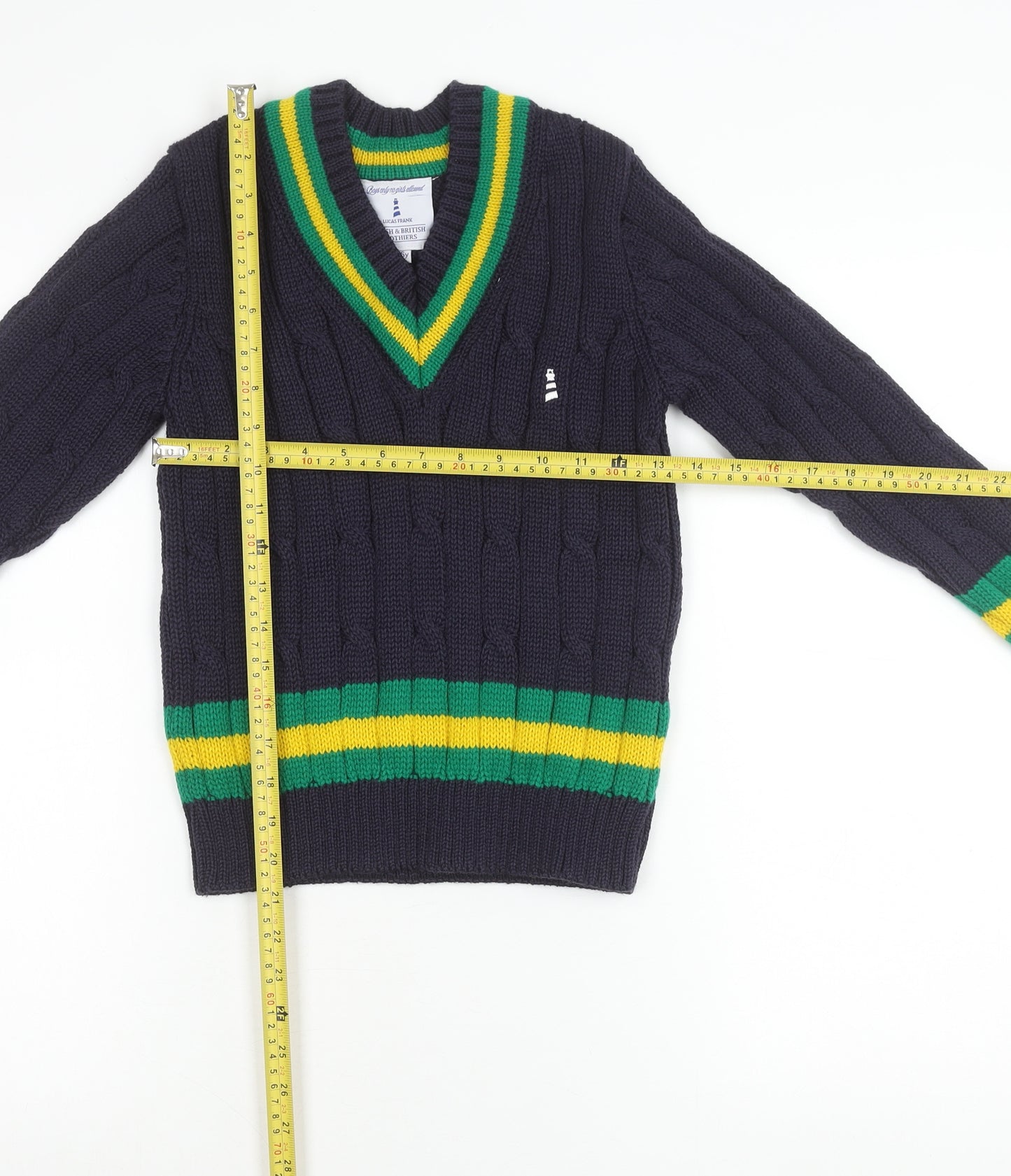 Lucas Frank Boys Blue Green Yellow Wool V-Neck Cable Knit Jumper 5-6Y