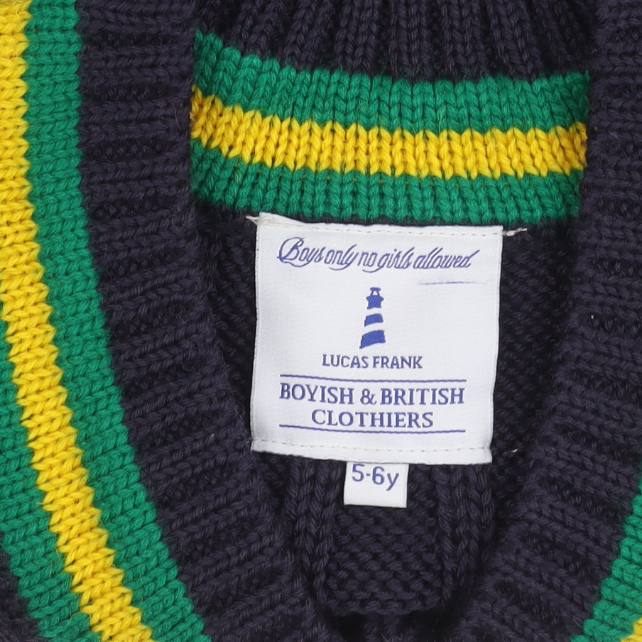 Lucas Frank Boys Blue Green Yellow Wool V-Neck Cable Knit Jumper 5-6Y