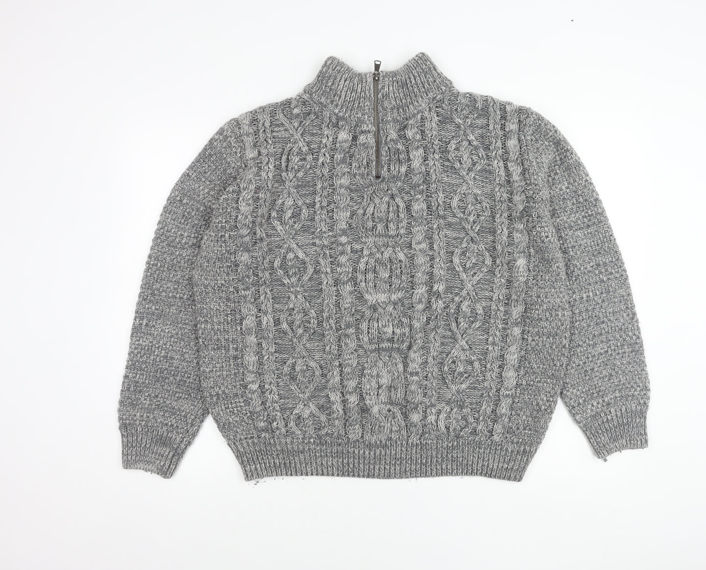 Easy Mens Grey Cable-Knit Mock Neck 1/4 Zip Pullover Jumper L