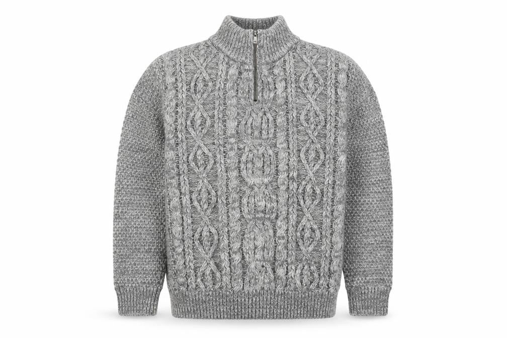 Front view of Easy men’s grey cable-knit mock neck 1/4 zip jumper l