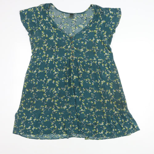 Wild Fable Women’s Green Floral A-Line Dress Size L V-Neck Casual