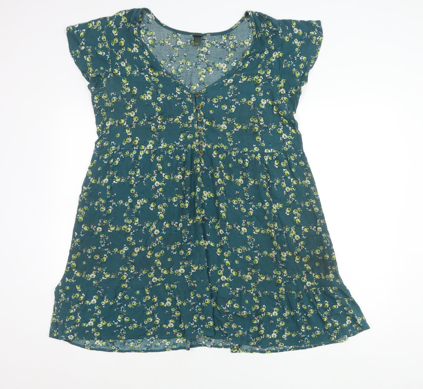Wild Fable Women’s Green Floral A-Line Dress Size L V-Neck Casual