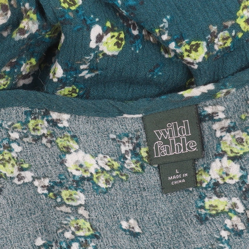 Wild Fable Women’s Green Floral A-Line Dress Size L V-Neck Casual