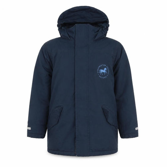 Front view of Result Core Kids Blue 7-8Y Hooded Parka Coat School Logo Reflective Trim