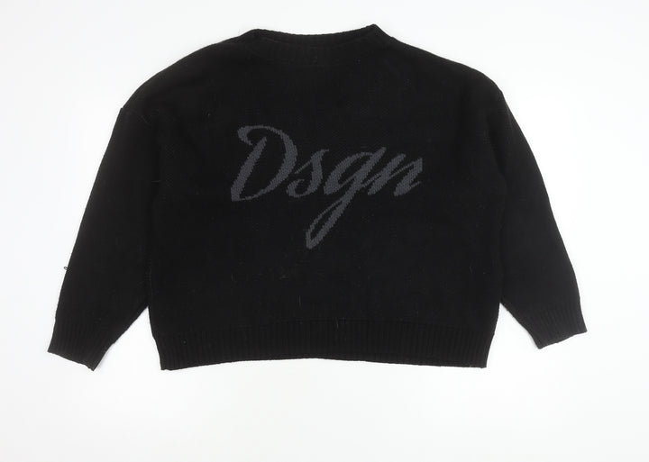 Boohoo Womens Black Pullover Jumper S Crew Neck Logo Acrylic Knit