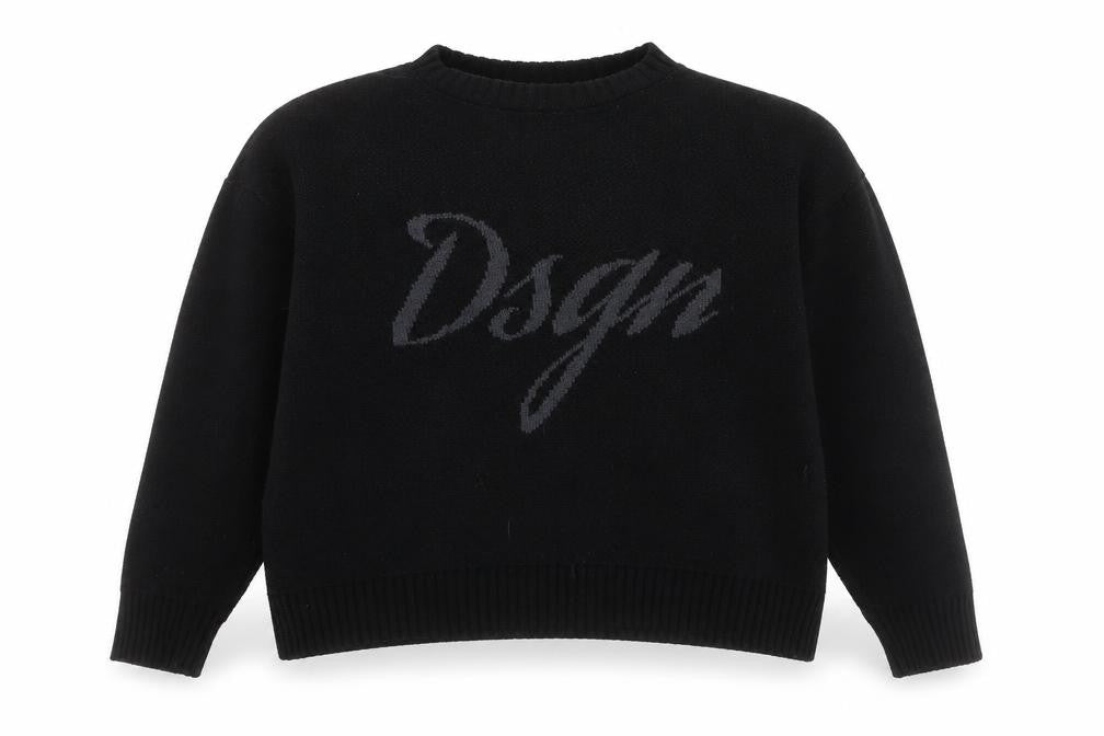 Front view of Boohoo women’s black jumper s crew neck logo acrylic knit