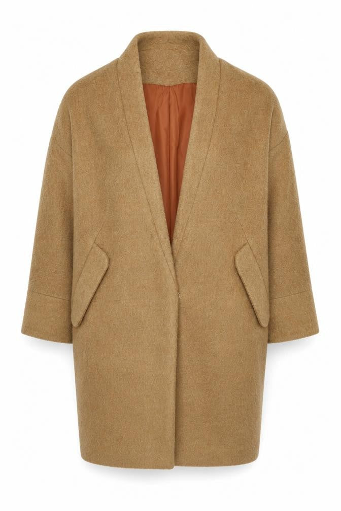 Front view of H&M Women's Brown Wool Blend Mid-Length Overcoat, size 10, Regular