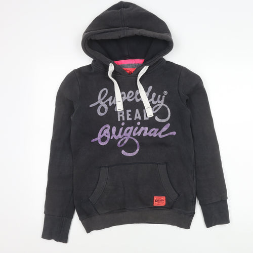 Superdry Womens Black Pullover Hoodie XS Graphic Logo Hooded Sweatshirt