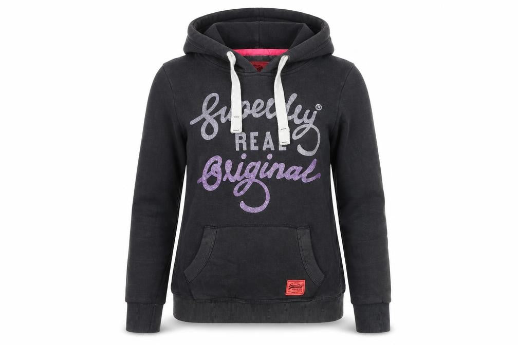 Superdry Womens Black Pullover Hoodie XS Graphic Logo Hooded Sweatshirt