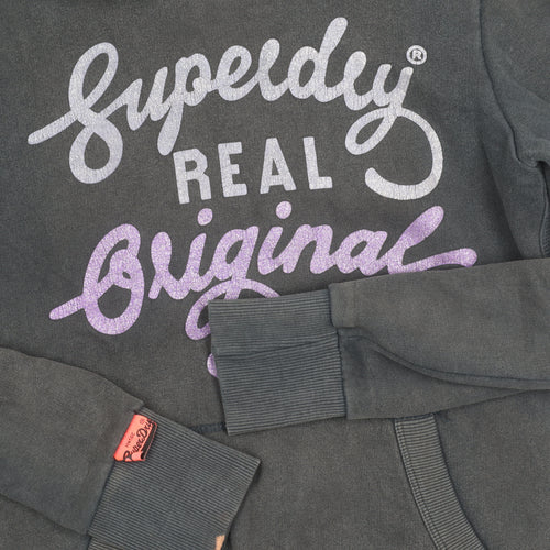 Superdry Womens Black Pullover Hoodie XS Graphic Logo Hooded Sweatshirt