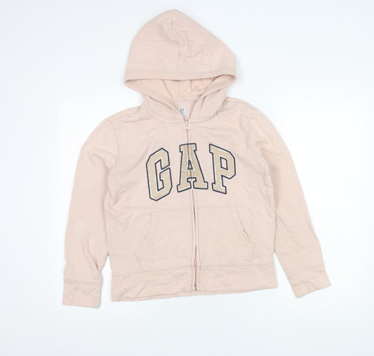 Front view of Gap Kids girls’ pink zip hoodie jacket xxl 14 years hooded logo sequin