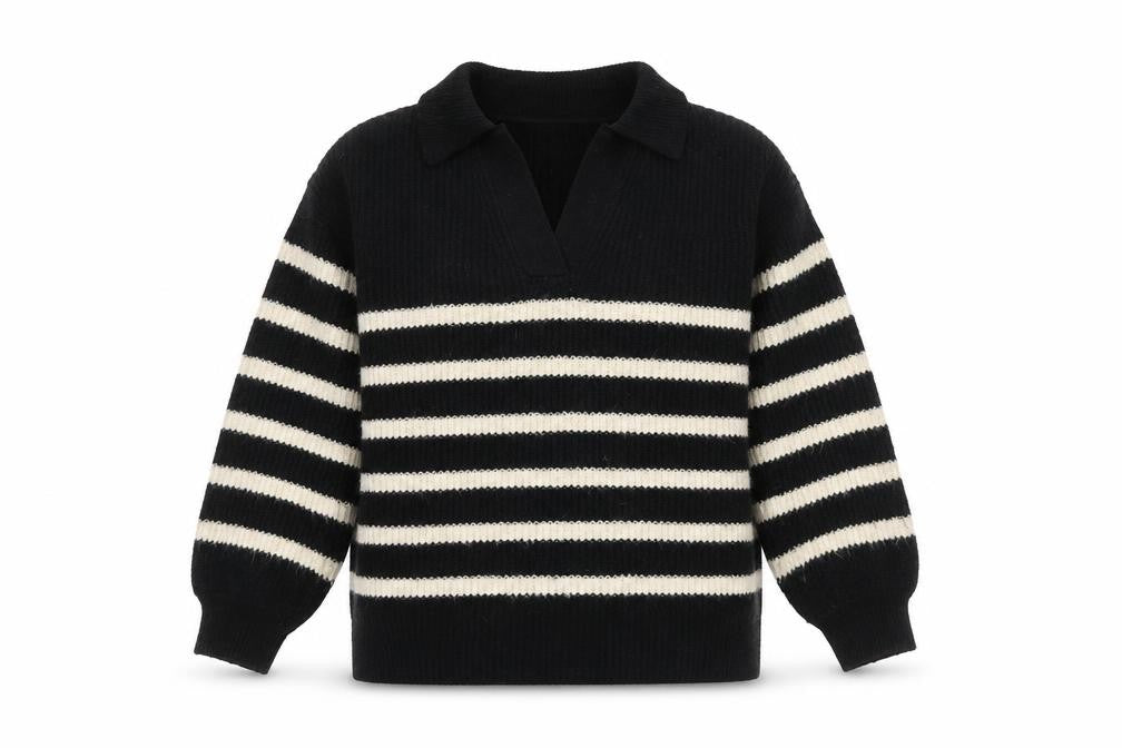 Front view of Marks & Spencer Women’s Black Stripe Collared jumper S
