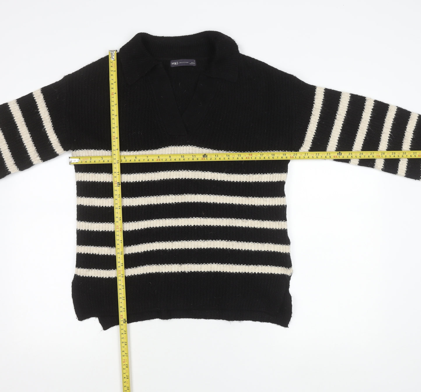 Marks and Spencer Women’s Black Stripe Collared Pullover Jumper S